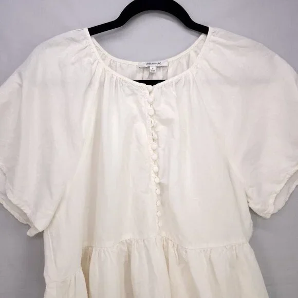 Madewell Tiered Mini Dress Linen Blend Pockets Ivory Size Large Boho Babydoll - Picture 4 of 13